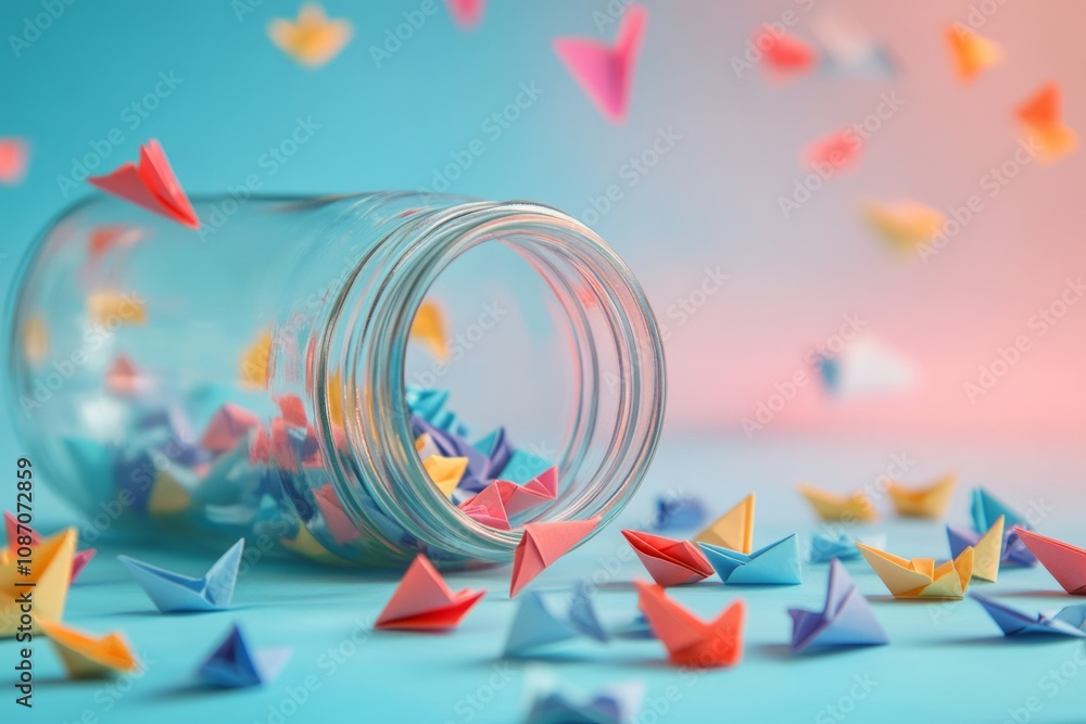 Colorful paper boats scattered on a vibrant blue background. A glass jar tips over with tiny boats spilling out. Creative and playful design for decoration. Generative AI. Colorful paper boats scattered on a vibrant blue background. A glass jar tips over with tiny boats spilling out. Creative and playful design for decoration. Generative AI.