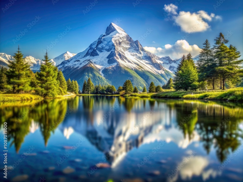 Stunning Tilt-Shift Photography of a Snow-Capped Mountain Reflecting in a Serene Lake Landscape Stunning Tilt-Shift Photography of a Snow-Capped Mountain Reflecting in a Serene Lake Landscape