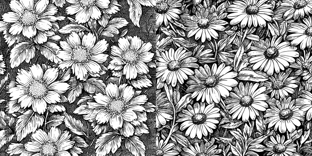 Obraz premium Printed seamless pattern with daisies and wild flowers on blue background. Cute floral design.