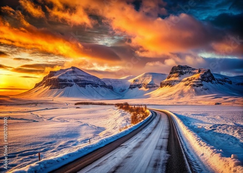 Scenic South Iceland Route 1 Road in Winter at Sunset with Snow-Covered Landscape and Majestic Mountains, Capturing the Beauty of Nature's Tranquility in a High Depth of Field