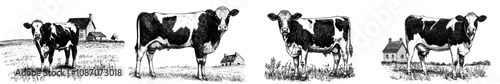 Hand drawn ink sketch of a cow on a rural landscape. This illustration has an engraving style.