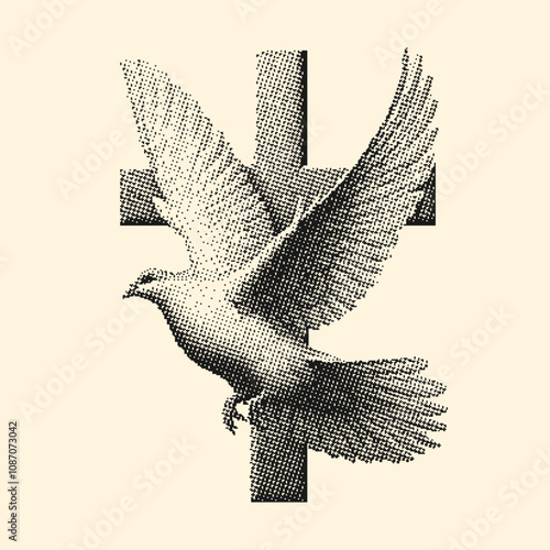 dove in flight with a cross, vintage photocopy stipple effect style, halftone design illustration