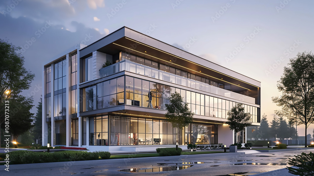 Building in night. Ideal for architectural projects 3D rendering of a stylish modern home with eco-friendly design elements and Lush Landscaping Building in night. Ideal for architectural projects 3D rendering of a stylish modern home with eco-friendly design elements and Lush Landscaping