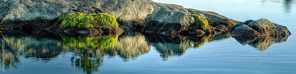 Mossy Rock Reflections: A rocky shore dotted with moss, reflecting the calm lake and surrounding nature. Mossy Rock Reflections: A rocky shore dotted with moss, reflecting the calm lake and surrounding nature.