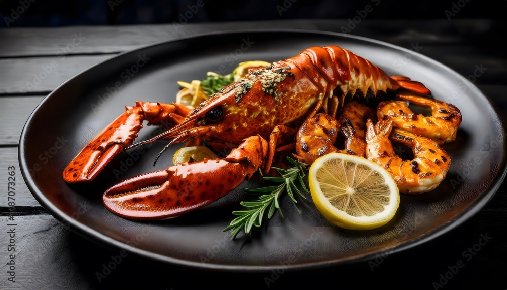 Grilled lobster and shrimp served on a dark plate with a side of lemon slices, and a hand holding a glass of wine Grilled lobster and shrimp served on a dark plate with a side of lemon slices, and a hand holding a glass of wine