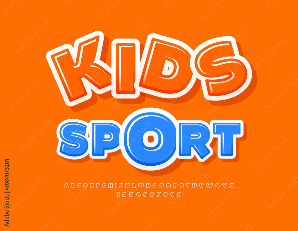 Fototapeta premium Vector creative emblem Kids Sport. Children Orange Font. Glossy Alphabet Letters and Numbers set.