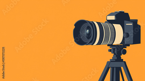 Professional camera taking photo mounted on tripod on orange background