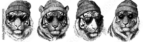 Ink sketch of vintage engraving of tiger glasses dressing set illustration. African wild cat background animal silhouette sunglasses hipster hat art.