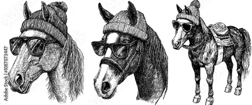 Ink sketch illustration of vintage engraving isolated horse glasses dressed fashion set. Wild equine background nag mustang animal silhouette sunglasses hipster hat. photo