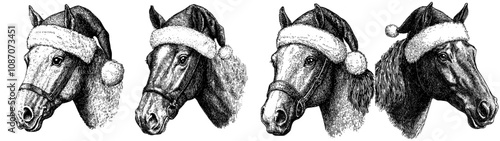 Hand drawn image of a wild equine background. Santa costume sketch with ink, isolated on a black background.