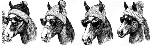 Black and white isolated horse glasses and fashion set illustration ink sketch. Wild horse background with nag mustang animal silhouette sunglasses hipster hat. Black and white ink sketch with