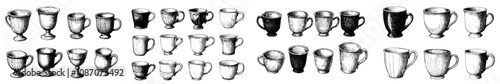 The set of vintage cups or mugs is hand drawn in ink. The modern illustration is engraved in an engraved style.