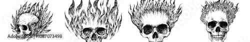 Modern illustration with skull in a fire frame. Hand drawn ink sketch. Illustration in engraved style.