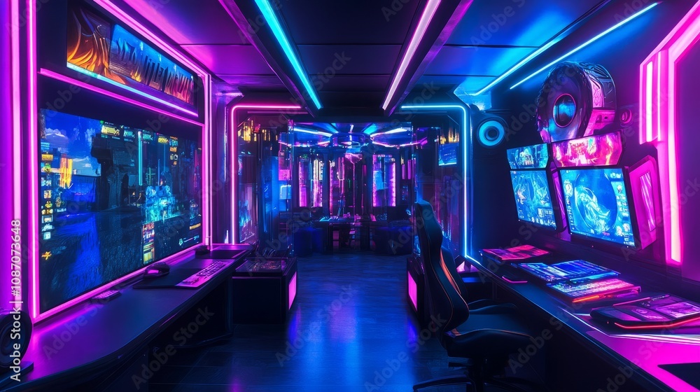 A colorful gaming setup with multiple screens, stylish speakers, and vibrant neon strip lighting creating a high-energy vibe A colorful gaming setup with multiple screens, stylish speakers, and vibrant neon strip lighting creating a high-energy vibe