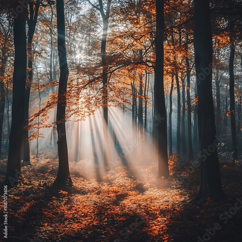 Magical Autumn Forest with Sunlight and Falling Leaves