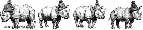 A black and white hand drawn illustration of a rhinoceros celebrity in a fashion set wearing sunglasses and a hipster hat. African background rhino silhouette sunglasses hipster hat art.