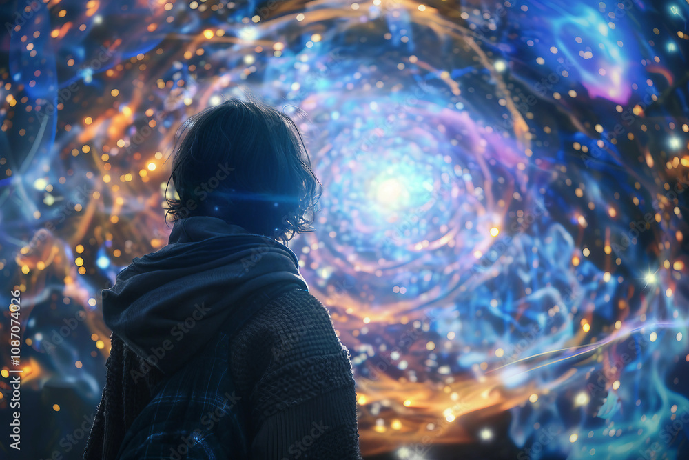Generative AI Close-Up of a Time Traveler Exploring Cosmic Portal Across Space and Time Generative AI Close-Up of a Time Traveler Exploring Cosmic Portal Across Space and Time
