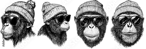 Black and white illustration of chimpanzees in sunglasses, hipster hats, and monkey background. Isolated engraving illustration chimp ink sketch. Primate silhouette sunglasses.