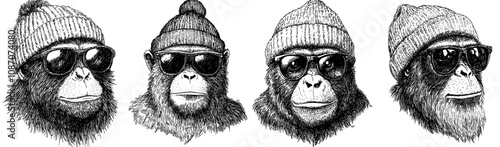 An isolated chimpanzee ink sketch dressed in a fashion set. Monkey background and primate silhouette sunglasses hipster hat art. Black and white drawn modern illustration.