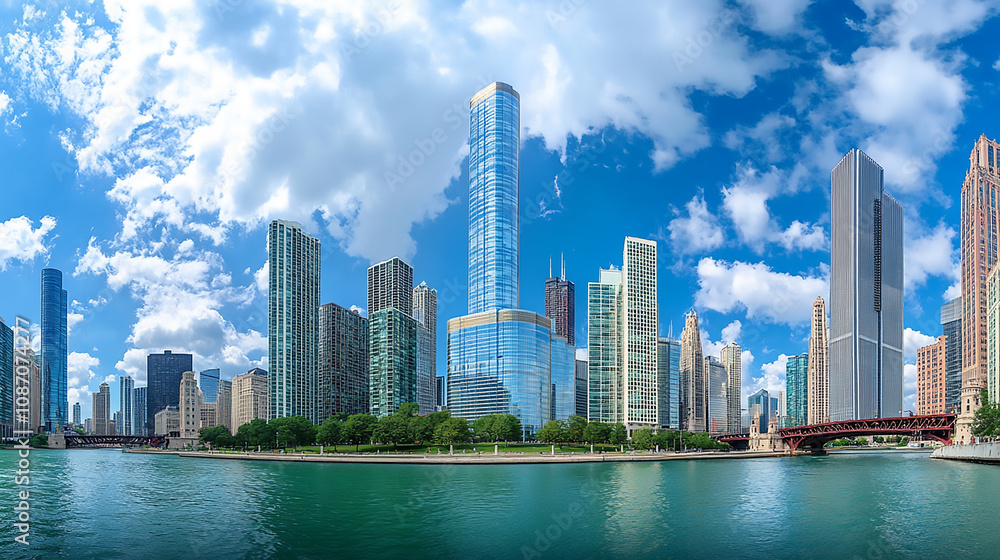 Asia China Guangzhou City Landscape Skyscrapers Reaching into a Bright Blue Sky with White Clouds on a Sunny Day 


