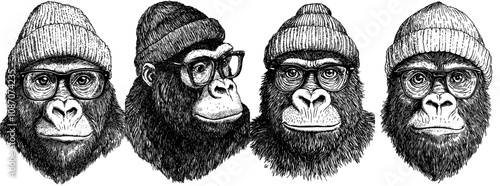 Isolated vintage engraving of a gorilla set of glasses dressed in a hat with a monkey kong background and primate silhouette sunglasses. Black and white illustration of apes.