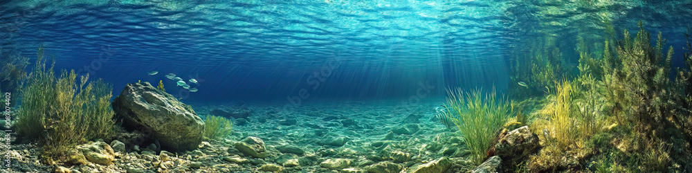 Obraz premium Quiet Corner of Crystal Clarity: A small, secluded spot in the lake where the water is impossibly clear, revealing underwater life.