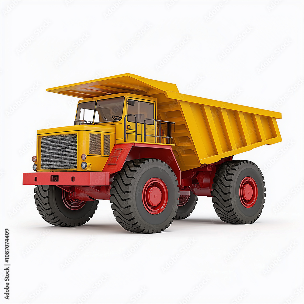 Yellow Quarry Dump Truck, Heavy-Duty Transport Vehicle, Realistic 3D Illustration, Large-Size Frame with Steel Platform Isolated on White Background Yellow Quarry Dump Truck, Heavy-Duty Transport Vehicle, Realistic 3D Illustration, Large-Size Frame with Steel Platform Isolated on White Background