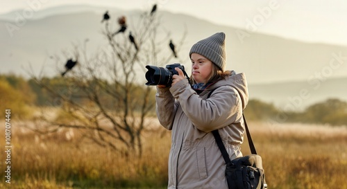 Nature photography adventure, person with camera in autumn landscape scene