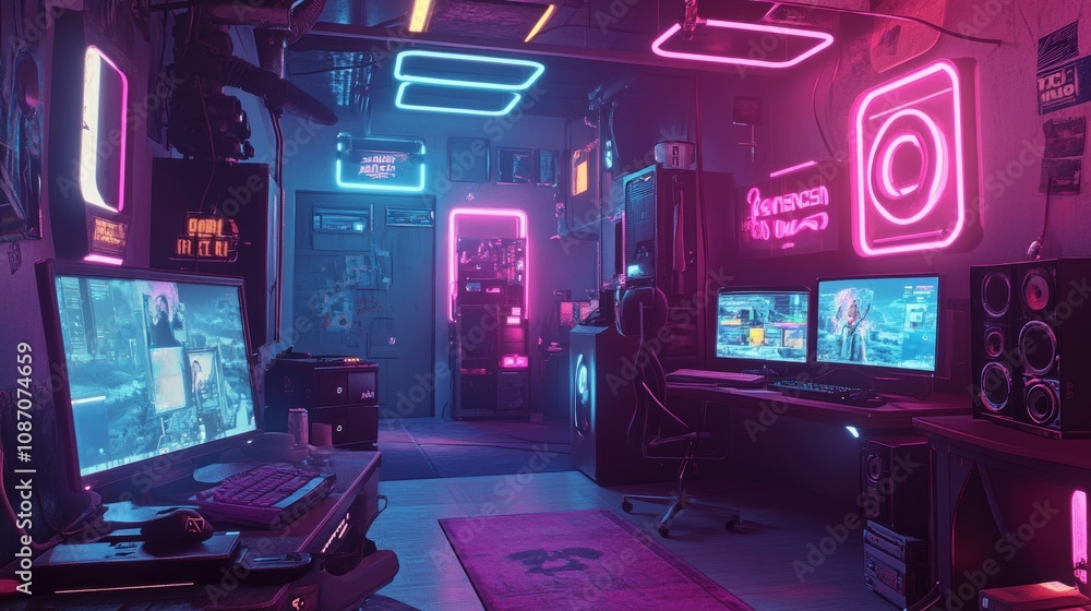 A gaming room featuring triple monitors, surround sound speakers, and bold pink and blue neon lights on the walls A gaming room featuring triple monitors, surround sound speakers, and bold pink and blue neon lights on the walls