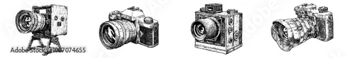Embroidered modern illustration based on a vintage camera. Hand drawn ink sketch.