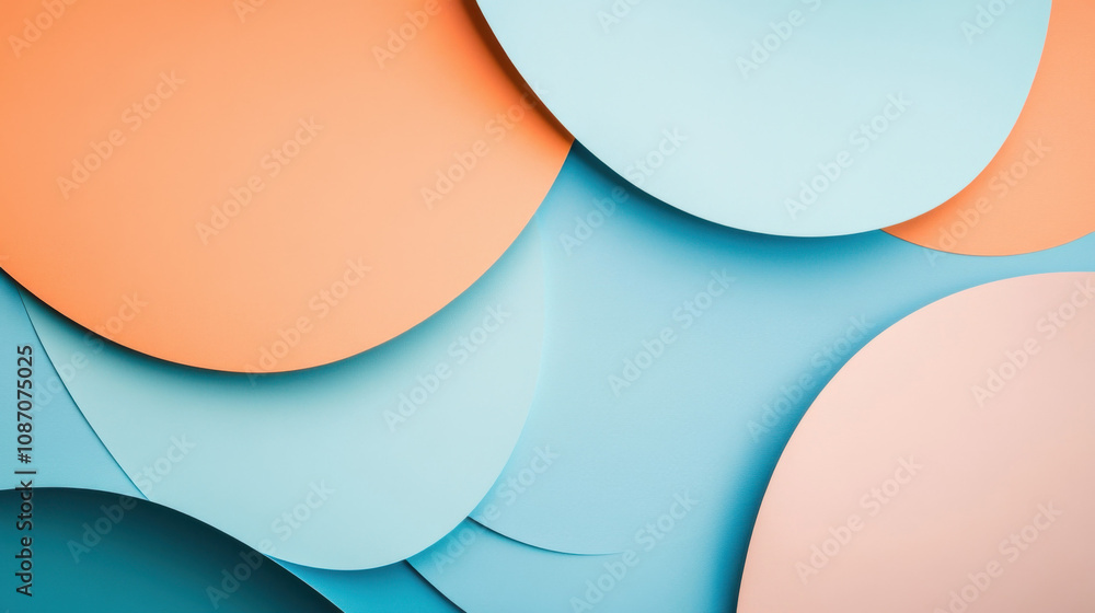 Abstract colored paper texture background. Minimal composition with geometric shapes and lines in pastel blue and, peach and orange colors