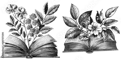 The book is hand drawn with flowers, text, different colorful leaves, ferns with leaf stems. Great for libraries, schools, teacher, bookstores, cards, social media. Isolated on a white background.