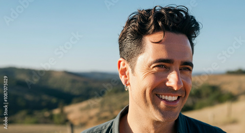 A smiling man wearing a small hoop earring for lifestyle and having short hair