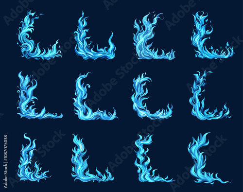 Blue fire flame frame corner set. Natural gas fire borders with burning blaze bright flares flashes and glowing tongues inferno bonfire. Thematic design element. Cartoon style isolated vector clipart