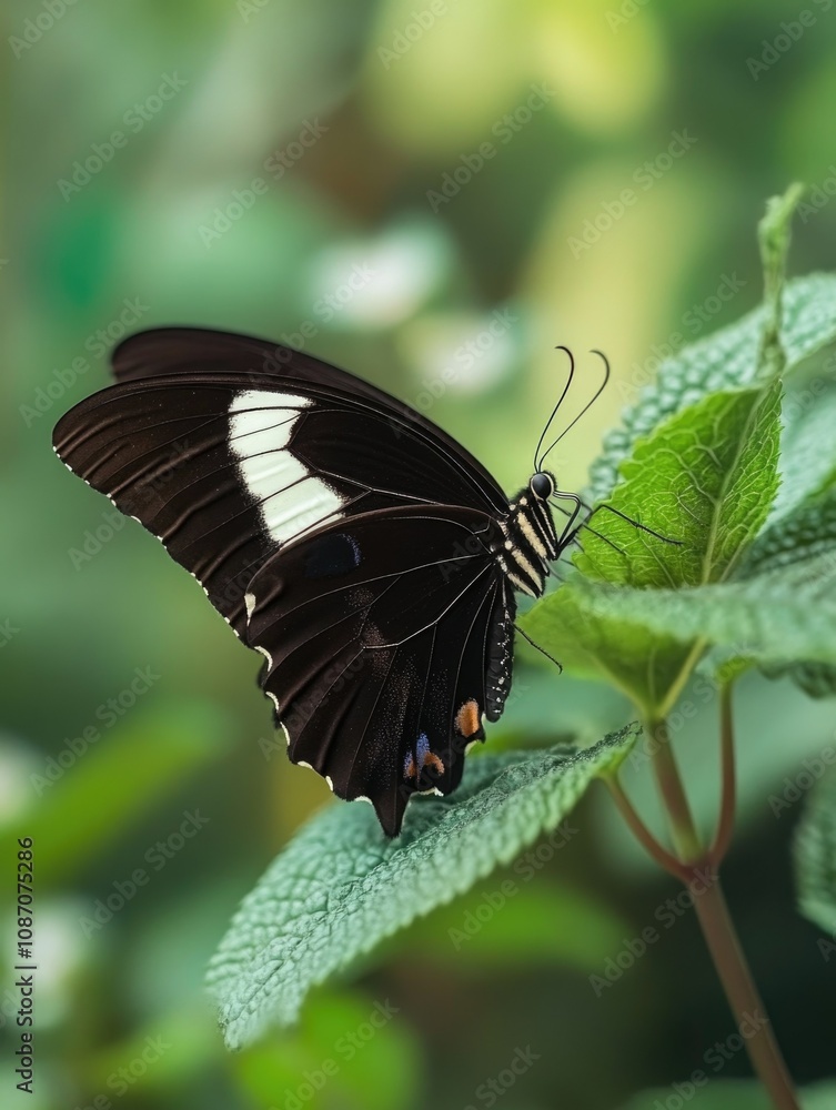Striking Black and White Butterfly on Plant Leaf Striking Black and White Butterfly on Plant Leaf