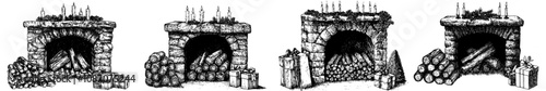 Firewood, wood, brick inside vintage fireplace sketch illustration.