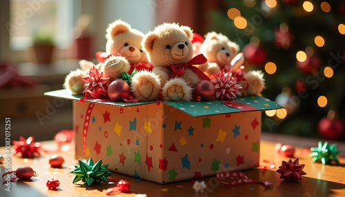 Teddy bears with festive mood in a colorful gift box decorated for Christmas