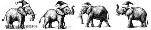 Isolated vintage engraving of elephant set dressed in a Santa costume sketch on a bishop background with an animal silhouette for a new year's hat. Black and white hand drawing of an elephant.