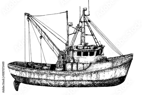 A modern sketch of a super fishing ship. A hand drawing of a sea cruise.
