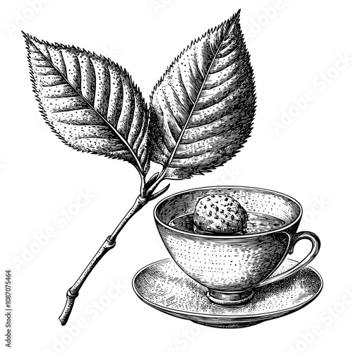 Sketch of tea branch leaf line art engraving generative AI illustration. Scratch board imitation.