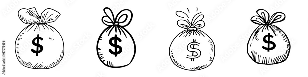 Illustration style doodle and line art money bag Illustration style doodle and line art money bag