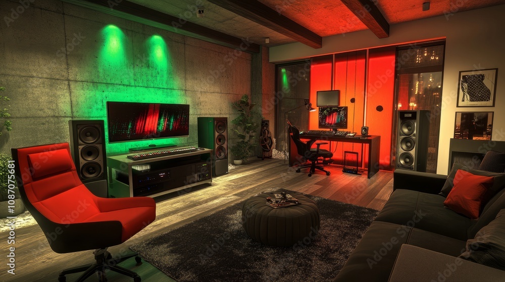 A modern gaming room with a custom-built PC, studio speakers, and neon accents in red and green hues A modern gaming room with a custom-built PC, studio speakers, and neon accents in red and green hues