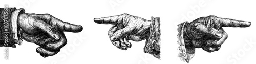 Black and white illustration of hand pointer with forefinger and index finger sketch engraving generative AI fictional character.