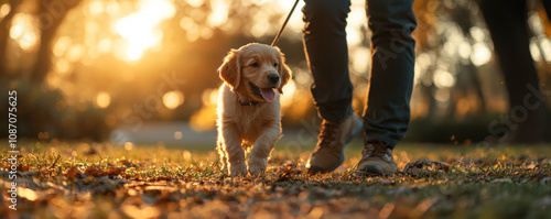 golden retriever puppy happily walks on leash with its owner during sunset, surrounded by autumn leaves and warm sunlight