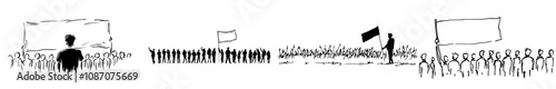 Demonstration, strike and revolution. Crowd of protesters with raised hands, banners, megaphone. Demonstration, strike and revolution. Struggling for human rights and political protest.