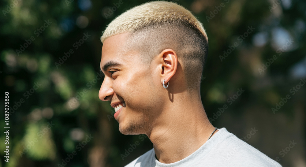 A smiling man wearing a small hoop earring for lifestyle and having short hair A smiling man wearing a small hoop earring for lifestyle and having short hair