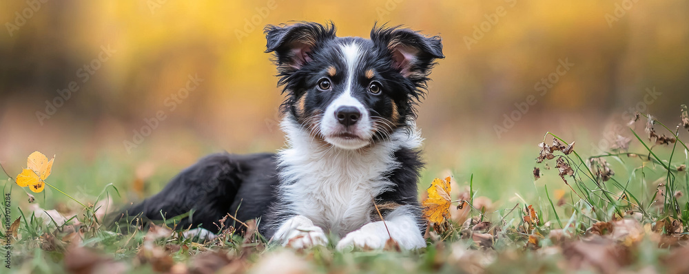 playful puppy resting on grass surrounded by autumn leaves, showcasing its curious expression and fluffy fur. This scene captures joy of young dog in nature playful puppy resting on grass surrounded by autumn leaves, showcasing its curious expression and fluffy fur. This scene captures joy of young dog in nature