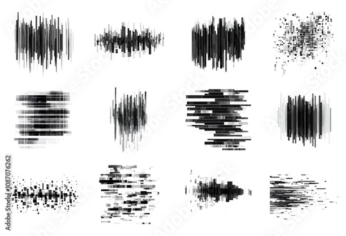 Censor mosaic pixel blur bars set. Censure pixelation visual effect in monochrome black white and grey colors. Television video disturbances interference signs. Black and white simple flat style
