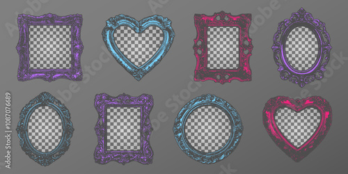 Set of vintage photo frames with photocopy texture effect. Square, oval and heart shapes in bold neon colors pink, blue, and purple. Perfect for digital collages, retro designs and photo overlays.