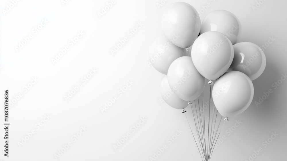 Joyful cluster of white balloons against plain white background. Their smooth surfaces reflect sense of celebration and lightness Joyful cluster of white balloons against plain white background. Their smooth surfaces reflect sense of celebration and lightness
